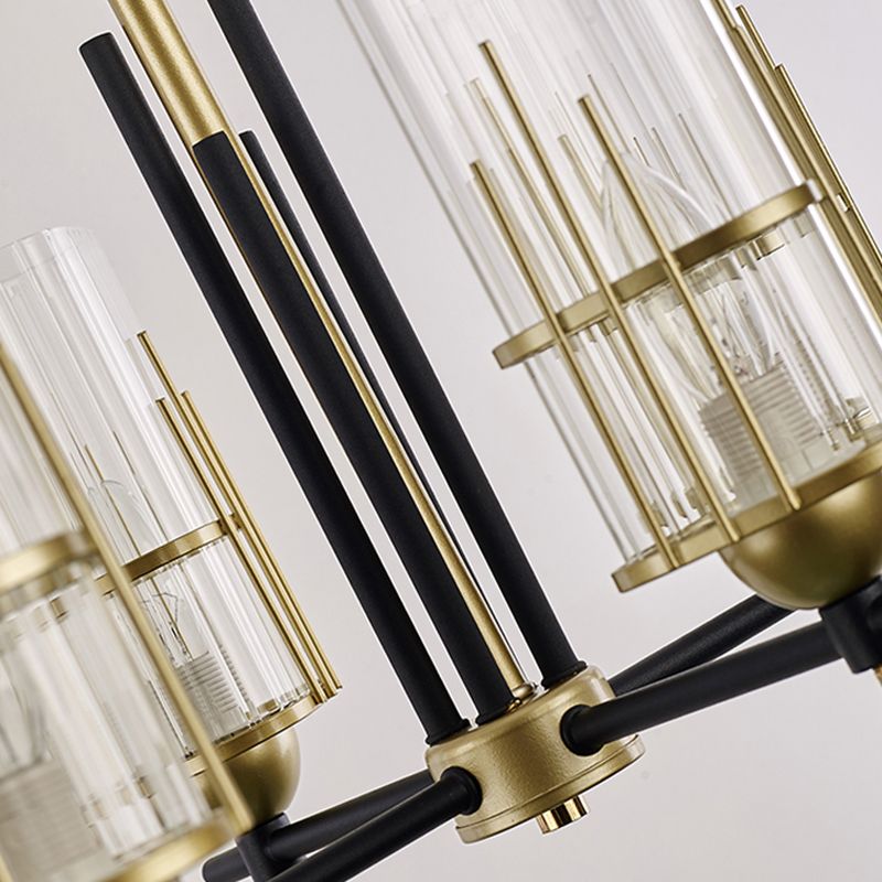 6-Head Black and Gold Chandelier Pendant Contemporary Triangular Prism Clear Glass Suspension Lamp