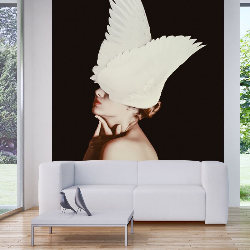 Photography Lady with Feather Murals Full Size Wall Covering for Bedroom, Made to Measure