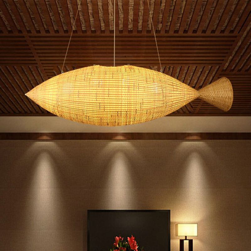 Asia Fish Shaped Hanging Light Bamboo Dining Room Suspension Pendant Light in Beige