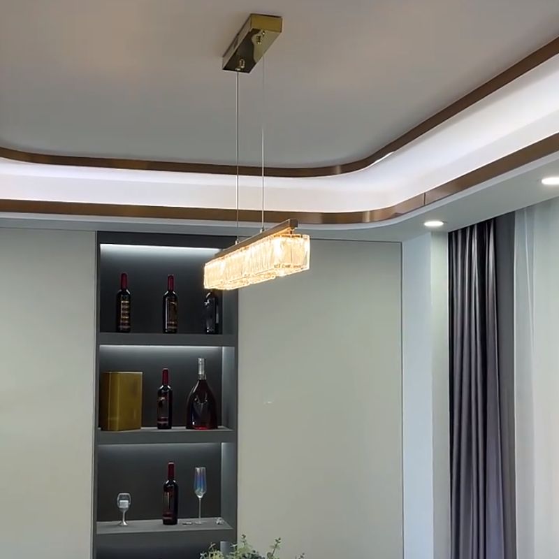 Dining Room Island Pendant Modern Gold Hanging Light with Rectangular Crystal Shade