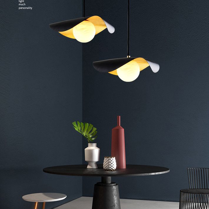 Black and Gold Inner Ruffle Pendant Postmodern 1 Bulb Faux Marble Hanging Light with Ball Glass Shade