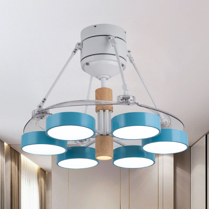 Simplicity Drum Pendant Fan Light Metallic 6-kop 48 "W Drawing Room dicht bij plafondlamp met 4 heldere messen in zwart/wit/roze