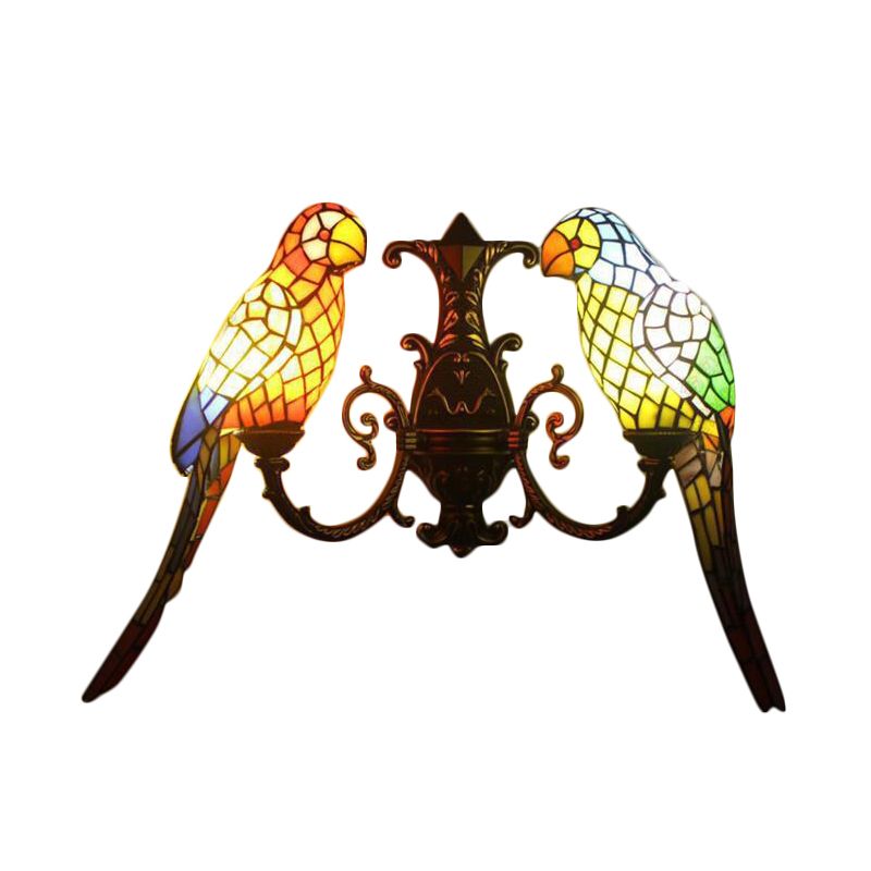 2 Heads Parrots Wall Sconce Light Rustic Lodge Stained Glass Wall Lighting for Living Room