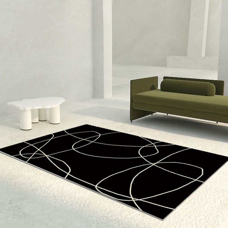 Black Modern Area Carpet Abstract Pattern Polyester Area Rug Non-Slip Backing Rug for Home Decor