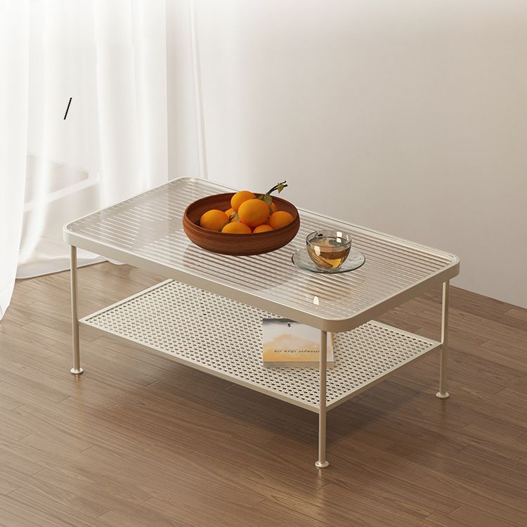 4 Legs Cocktail Table Glass Rectangular Coffee Table with Shelf
