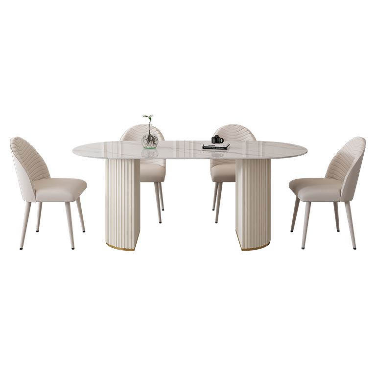 Oval Sintered Stone Dining Table Modern Table in White with Metal Double Pedestal