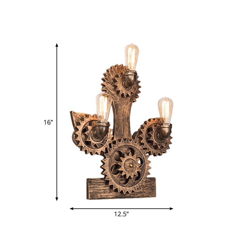 Open Bulb Metal Wall Lamp Farm 3 Heads Living Room Sconce Light in Brass with Gear and Anchor Backplate