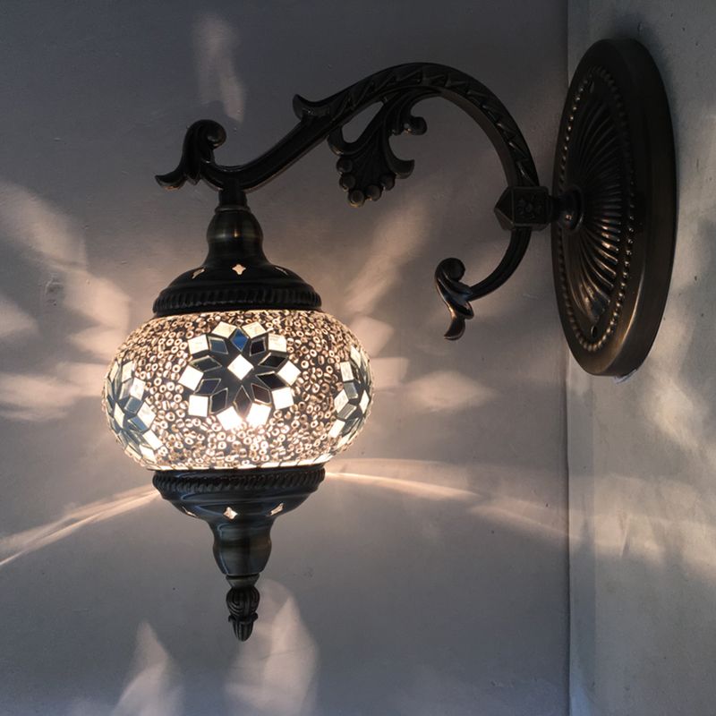Antique Armed Sconce Metal 1 Bulb Wall Mounted Light Fixture with Global Tan/White Glass Shade for Stairway