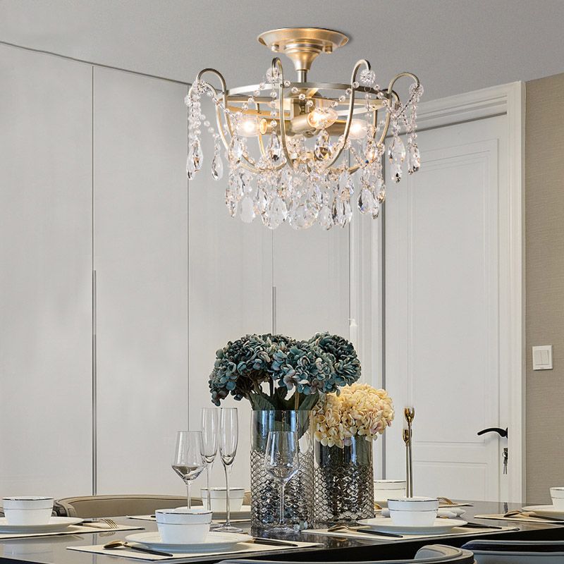 Droplet Semi Flush Traditional Beveled Crystal 4 Bulbs Brass Ceiling Mount Light Fixture