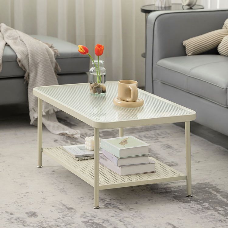 4 Legs Cocktail Table Glass Rectangular Coffee Table with Shelf