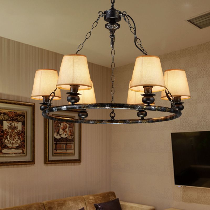 Anello rustico sospeso a sospensione a 6 luci lampadario soffitto in tessuto in nero per soggiorno