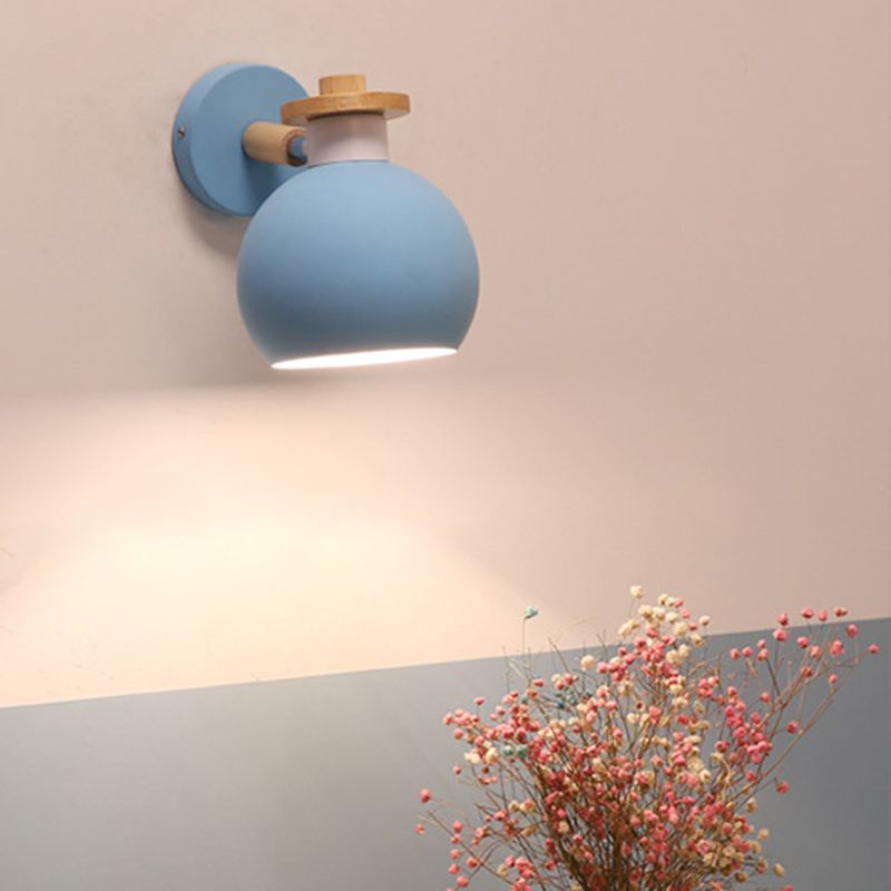 Metal Macaroon Globe Wall Lamp Single Bulb Nordic Wooden Mini Bedside Lamp with Adjustable Arm