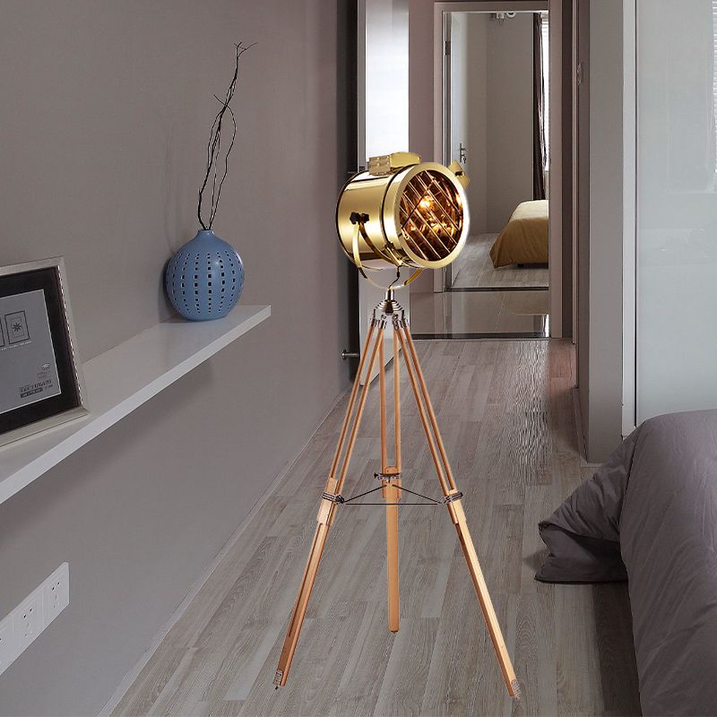 Black/Wood 1-Bulb Standing Lamp Vintage Metal Cylinder Spotlight Floor Light with Tripod for Living Room