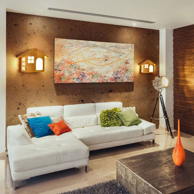 House Shape Wall Mounted Lamps Modern Simplicity Wood Wall Sconce for Living Room