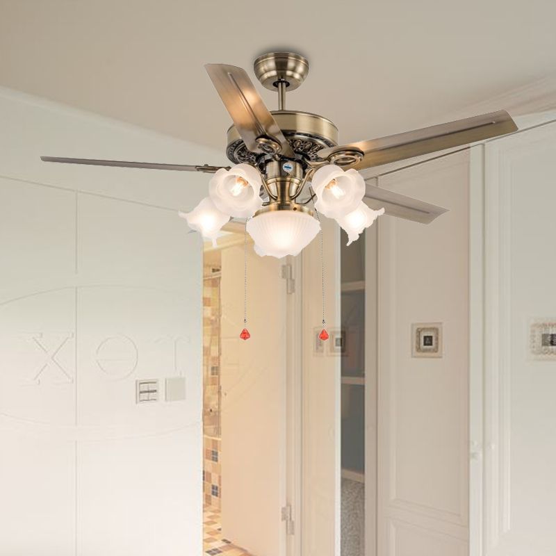48" Wide 6 Heads Ceiling Fan Light Traditional Living Room 5 Blades Semi Flush Mount Lamp with Flower Milk Glass Shade in Brass, Pull Chain/Remote/Wall Control