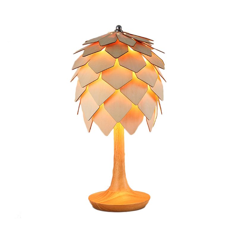Lámpara de mesa de cono de pino de madera Estilo contemporáneo Iluminación de mesa beige de 1 luces para dormitorio