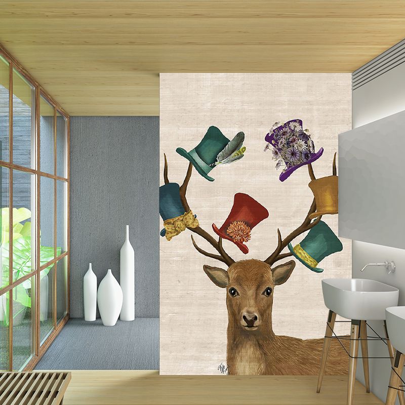 Non-Woven Washable Murals Nordic Elk with Top Hats Patterned Wall Covering in Brown