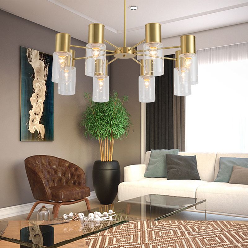 Modern 8 Heads Chandelier Lamp Brass Tubular Hanging Pendant Light with Clear Glass Shade