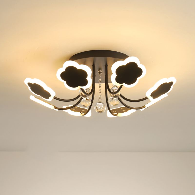 Petal-Shape Semi Mount Light Modern Acrylic 23"/27" W LED Black/White Ceiling Lamp with Clear Crystal Draping, Warm/White Light