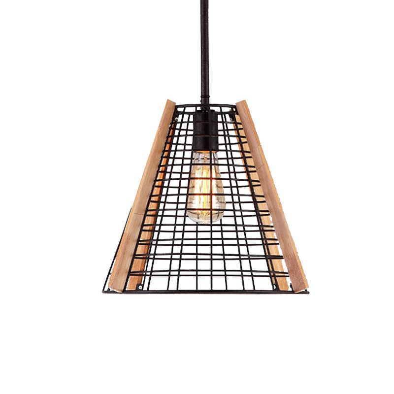 Classic Cone Pendant Lighting 1 Light Metal Hanging Light Fixture in Black with Cage