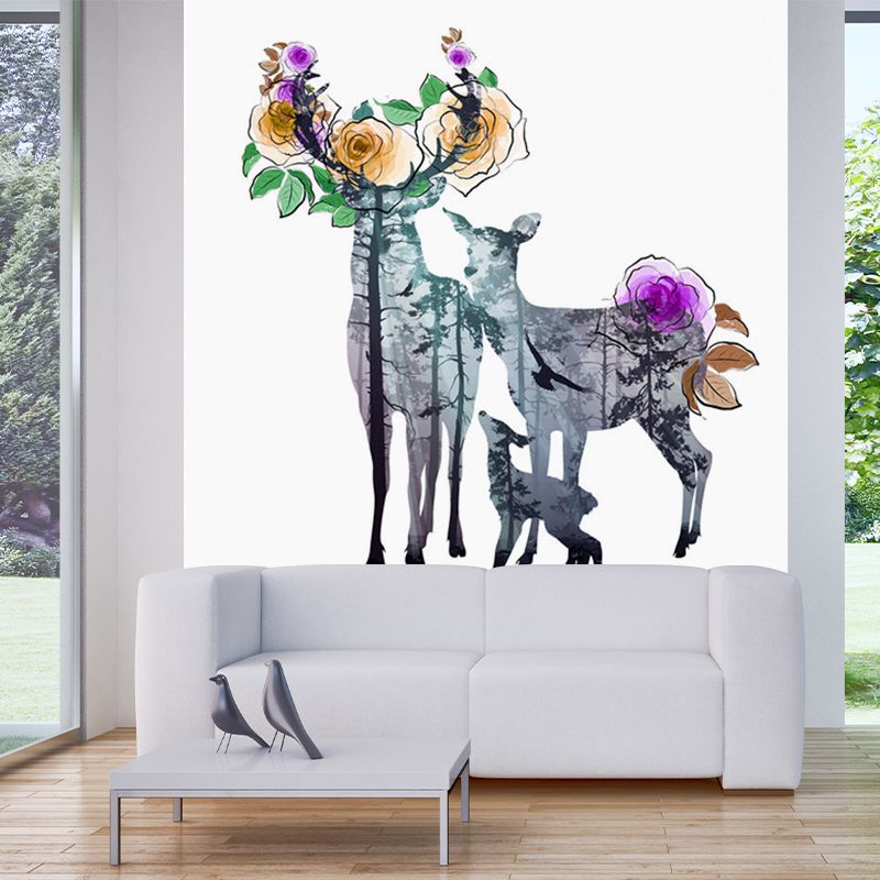 Deer Family Watercolor Murals Art Deco Moisture Resistant Bedroom Wall Covering, Customized Size