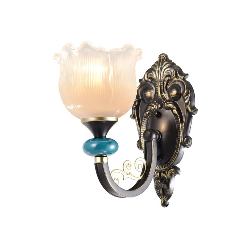 Floral Bedroom Wall Sconce Lamp Retro Frosted Glass 1/2-Light Bronze Wall Light with Metal Curvy Arm