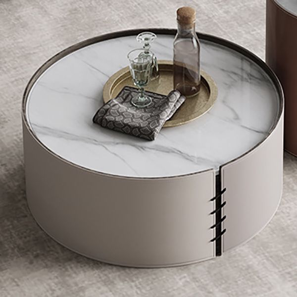 Contemporary Round Coffee Table Leather and Stone Coffee or End Table Drum