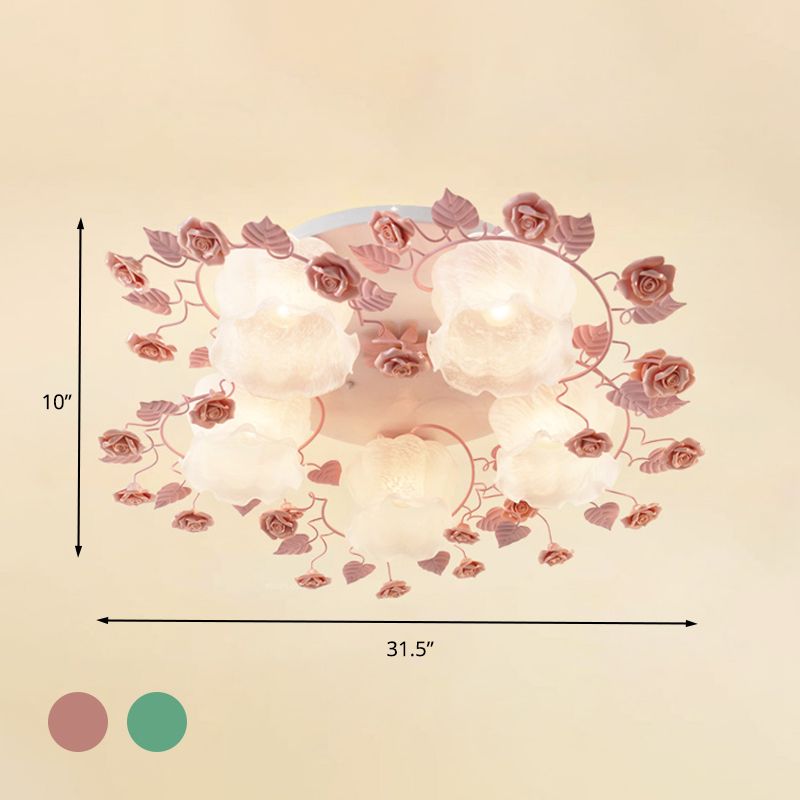 Floral White Glass Ceiling Mounted Fixture Traditional 3/5 Bulbs Living Room Flush Mount Lamp in Pink/Green