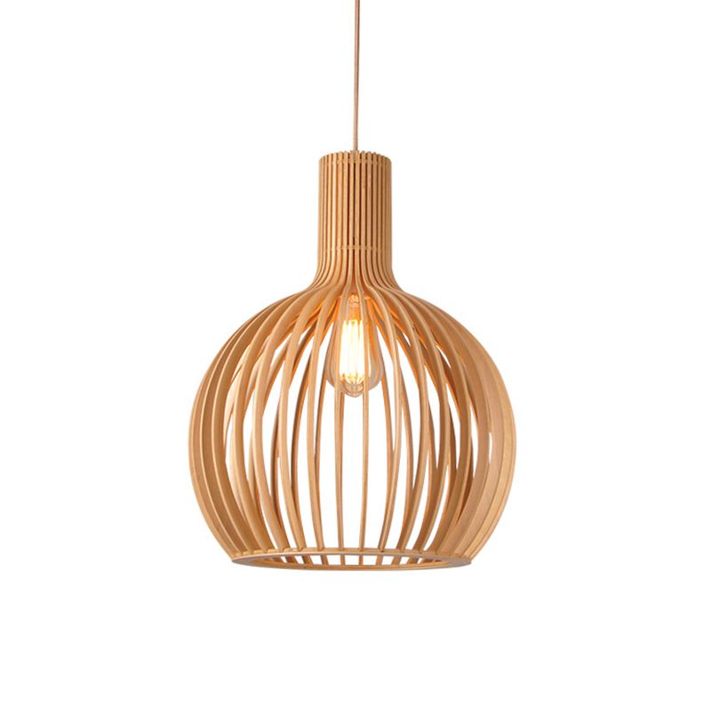 Spherical Caged Pendant Lamp Minimalist Wooden 1-Light Restaurant Hanging Light