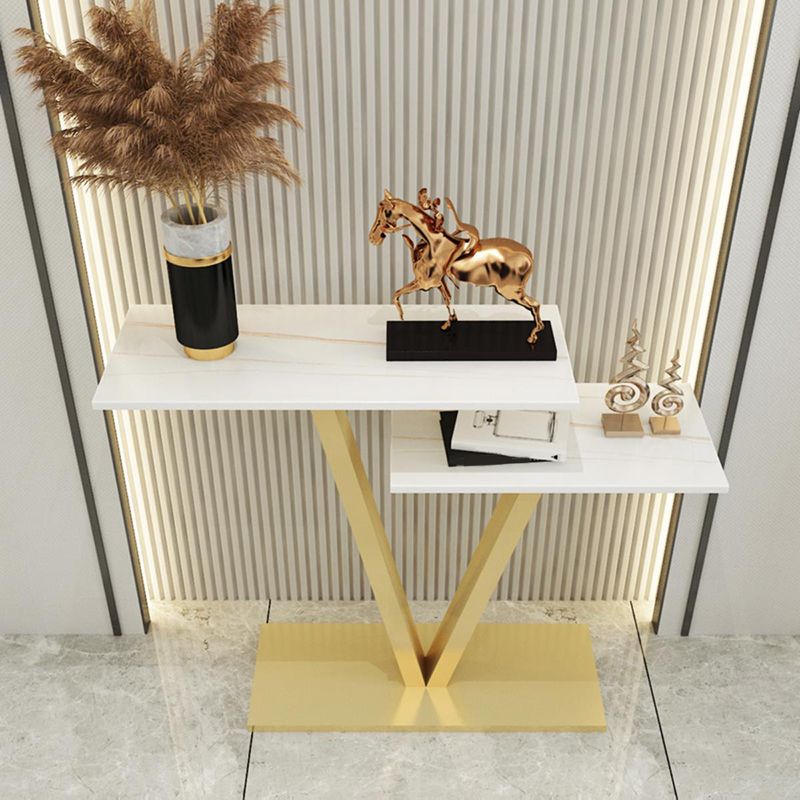 Contemporary Stone Console Sofa Table Rectangle End Table with Shelf for Hall
