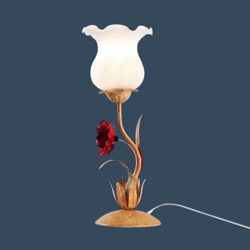 Beige/White/Green Flower Nightstand Lamp American Garden Frosted Milky Glass 1-Head Living Room Table Light