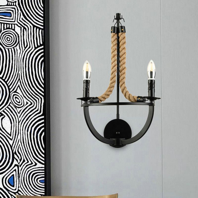 Loft Style Open Bulb Wall Lighting 2 Lights Manila Rope and Metal Wall Sconce in Black for Living Room