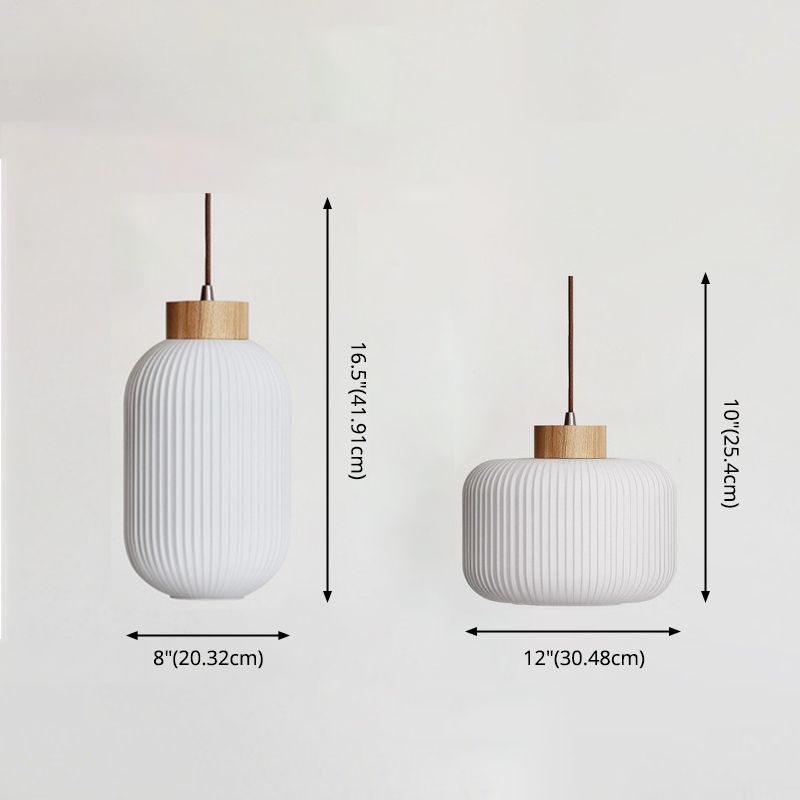 White Wooden Pendant Light in Modern Concise Style Glass Drum Hanging Light for Dining Room