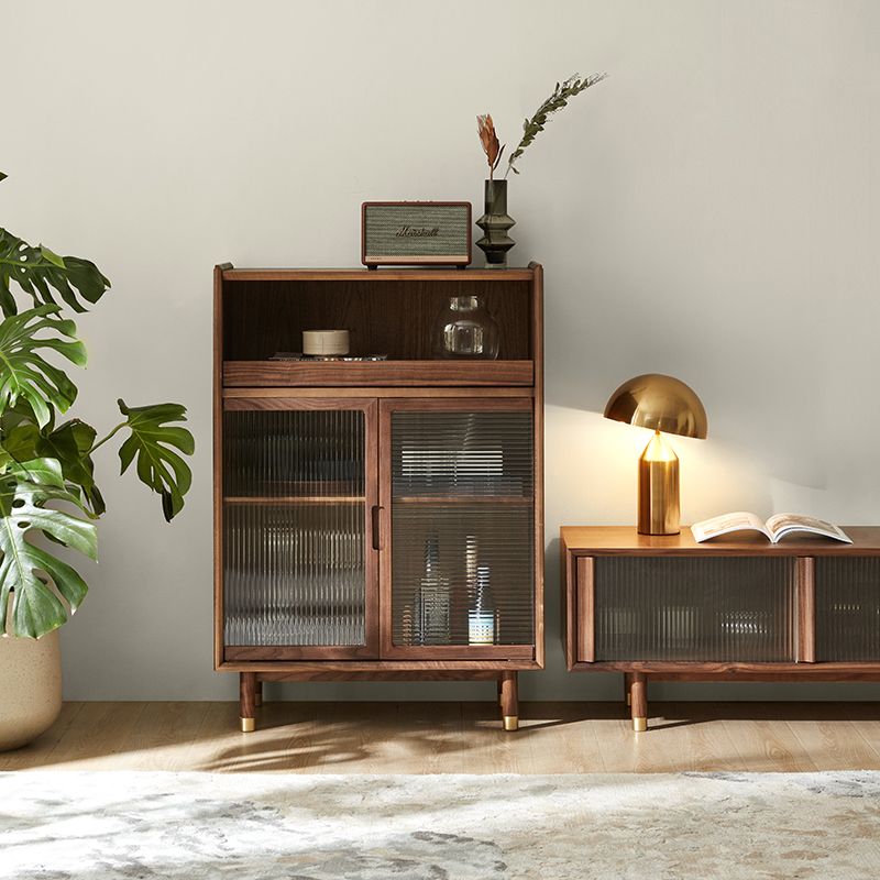 Storage Solid Wood Glass Door Cabinet Mid Century Chest in Walnut