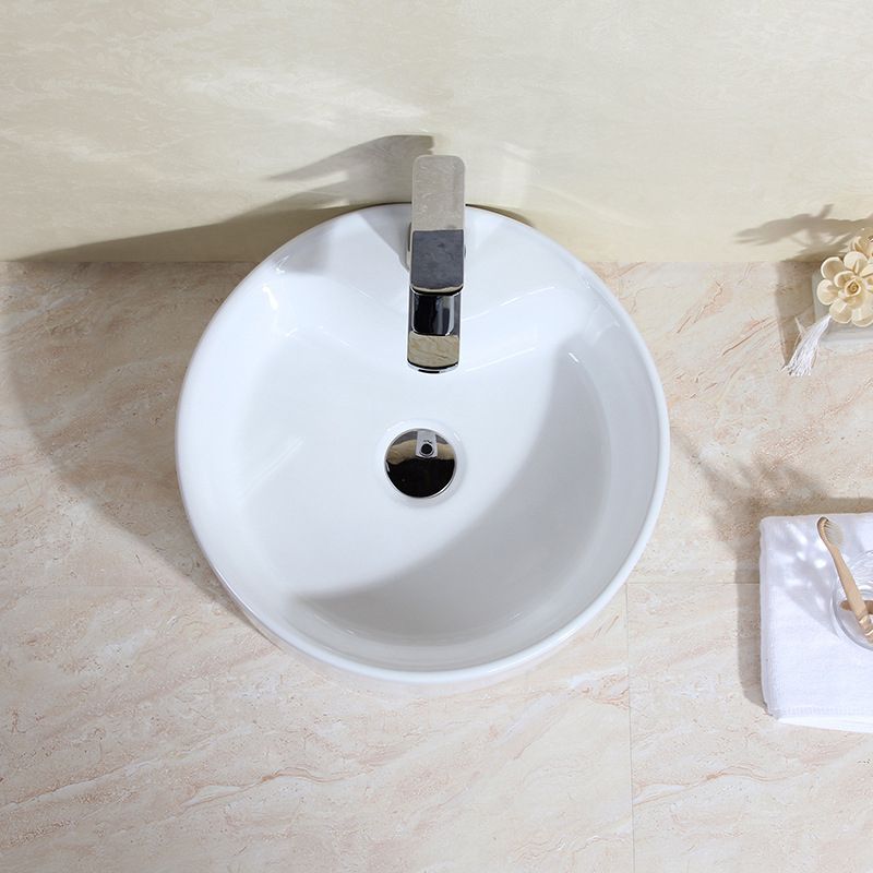 Modern Bathroom Sink Porcelain Round with Overflow and Pop-Up Drain Vessel Lavatory Sink