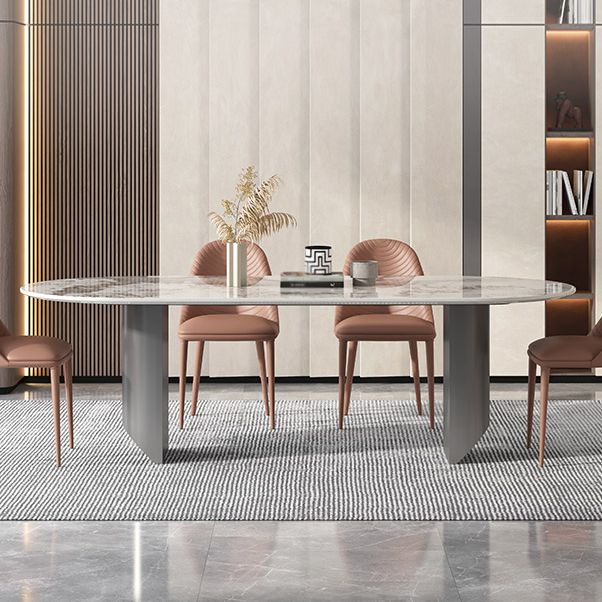 Sintered Stone Dining Table Modern Table in White with Grey Double Pedestal