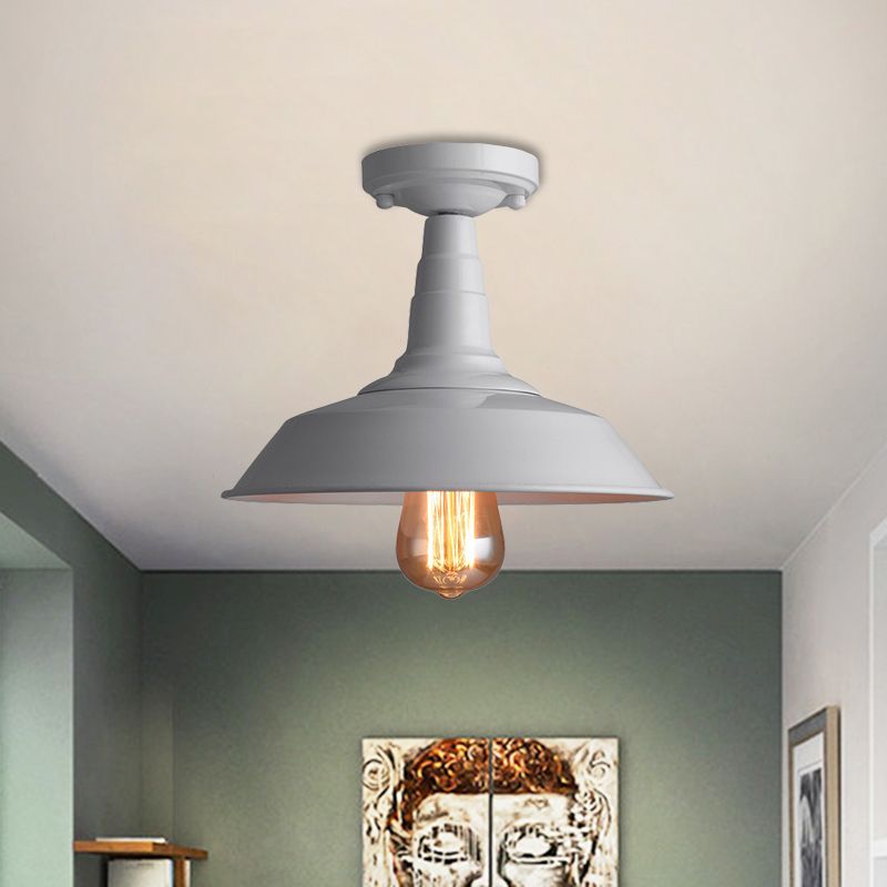 Barn Shade Metal Ceiling Mounted Light Vintage Style 1 Head Foyer Semi-Flush Ceiling Light in Black/White