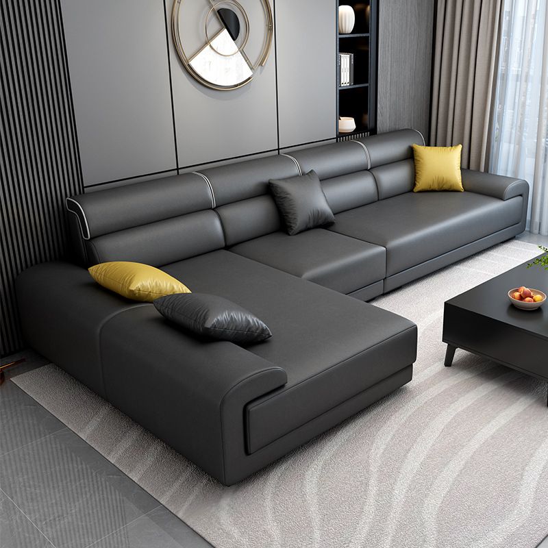 Faux Leather 4-Seater Sectional with Adjustable Head Pillow for Living Room