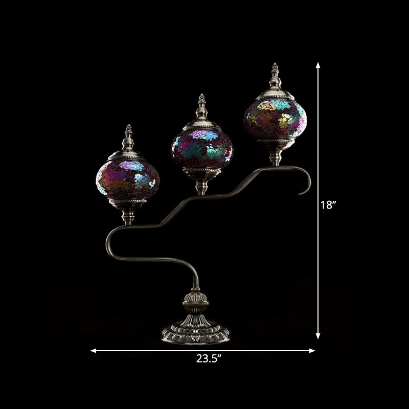 3 Heads Stained Glass Night Light Mediterranean Red/Orange/Blue Tower Bedroom Table Lamp with Step Design