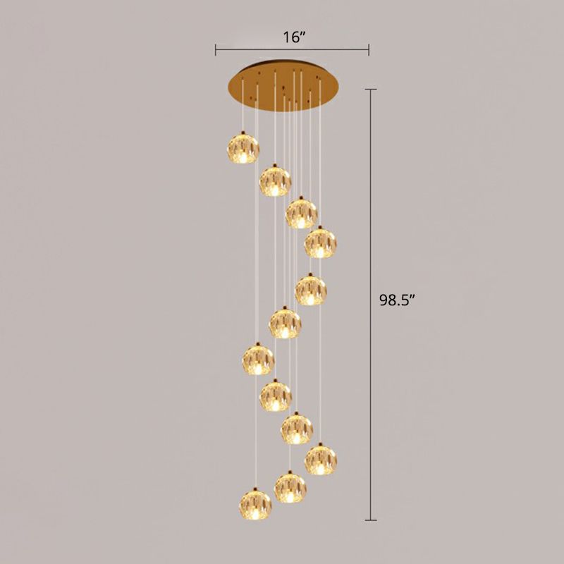 Faceted Cut Crystal Ball Ceiling Lamp Minimalist Golden Cluster Pendant Light for Stairs