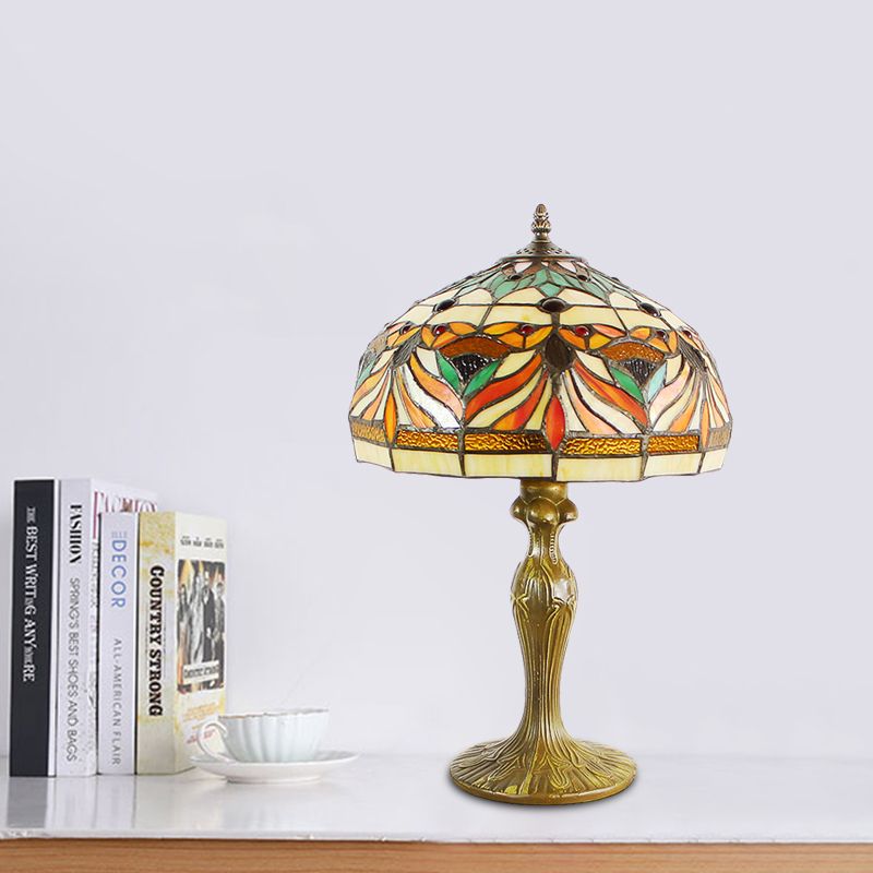 Dome Shade Cut Glass Nightstand Light Victorian 1-Bulb Bronze Night Table Lamp with Fish Pattern