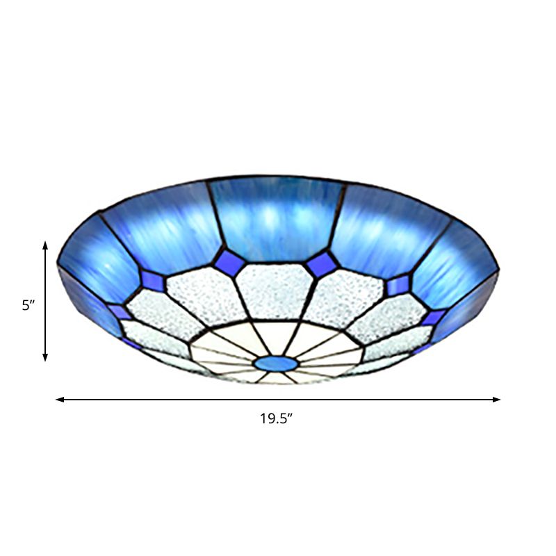 12"/16"/19.5" W Tiffany Blue/Light Blue Flush Ceiling Light with Bowl Shade Stained Glass Flushmount for Living Room