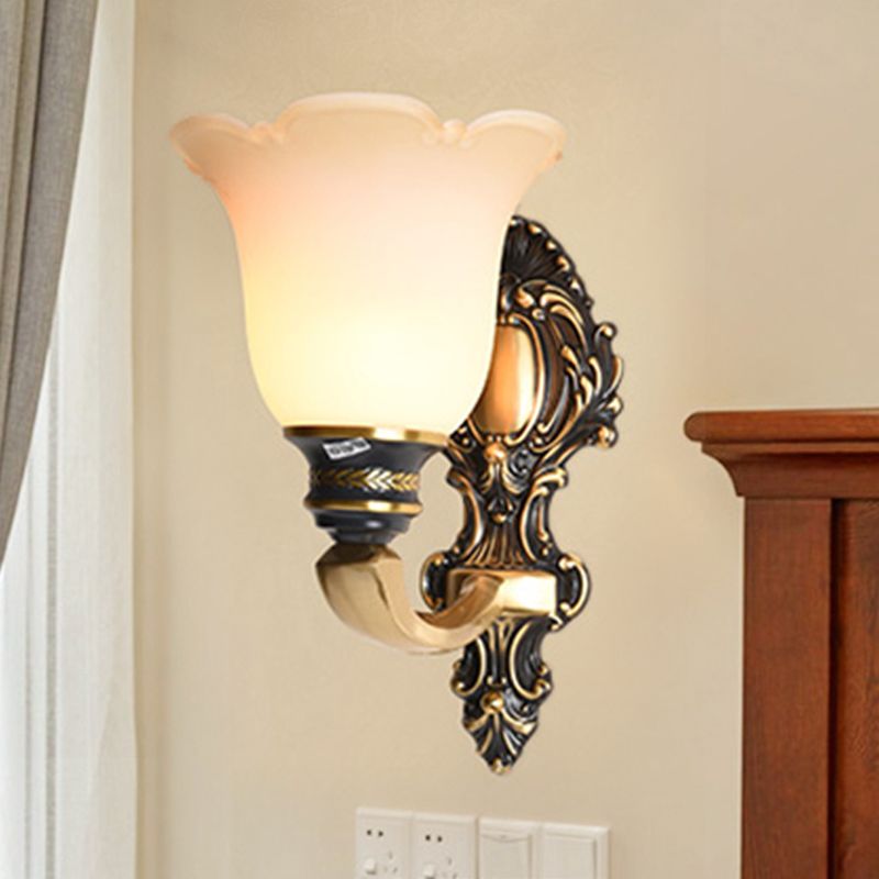 Floral Bedroom Wall Sconce Light Traditional White Glass 1/2-Light Brass Wall Lamp with Metal Curvy Arm