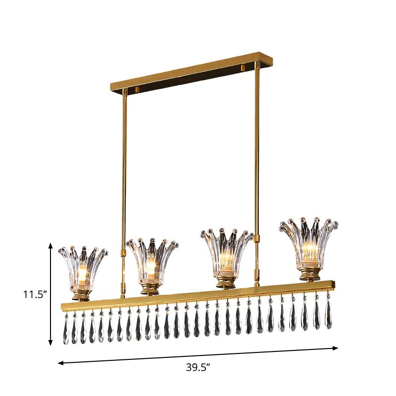 Contemporary Flared Island Light Fixture Clear Crystal Glass 4 Bulbs Suspension Lamp in Gold with Droplets
