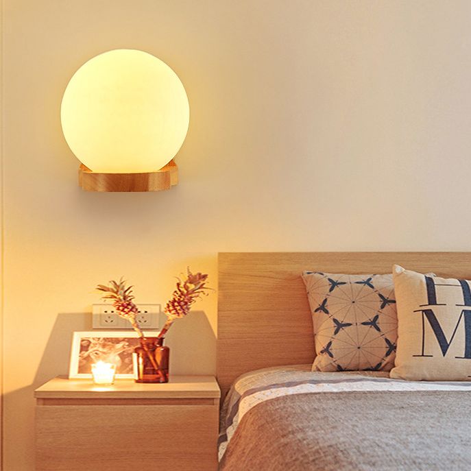 5.5" H Single Bulb Simplicity Wall Mount Light Nordic Style Glass Globe Sconce Light with Solid Wood Base