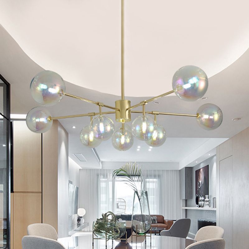 10 Heads Living Room Chandelier Lighting Modern Gold LED Pendant Lamp with Sphere Rainbow Glass Shade