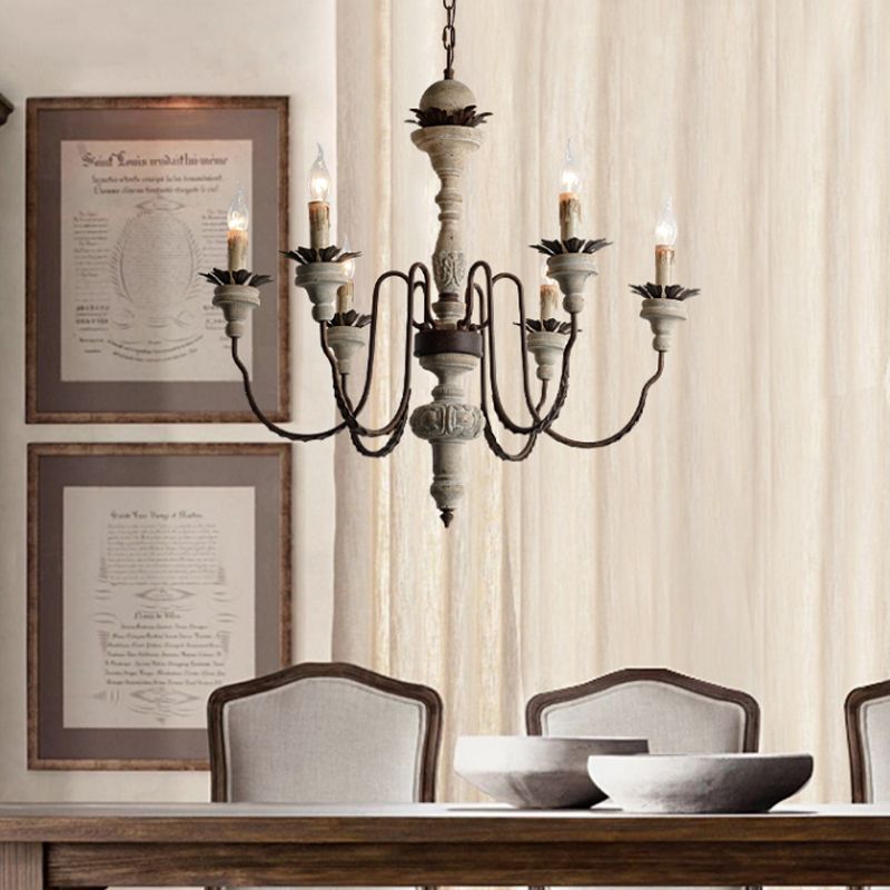6 Bulbs Starburst Ceiling Chandelier Traditional Wood Suspended Lighting Fixture in Grey