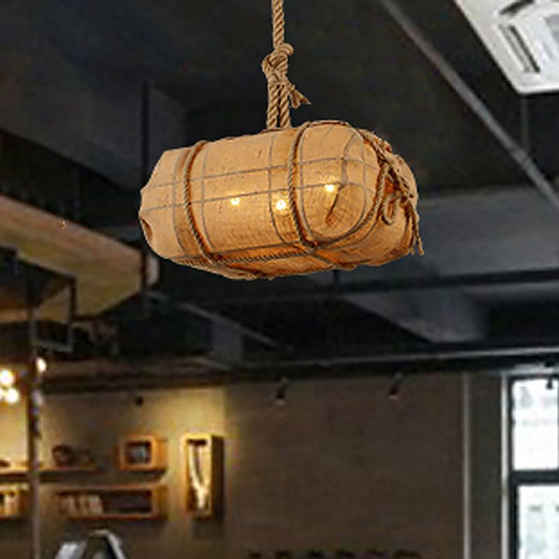 Rope Explosive Package Pendant Countryside 3 Bulbs Restaurant Fabric Chandelier Light in Beige