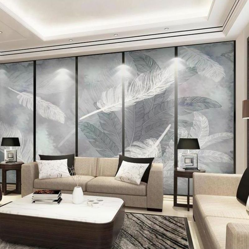 Feather Mural Wallpaper in Pastel Grey, Minimalist Wall Covering for Guest Room Decoration