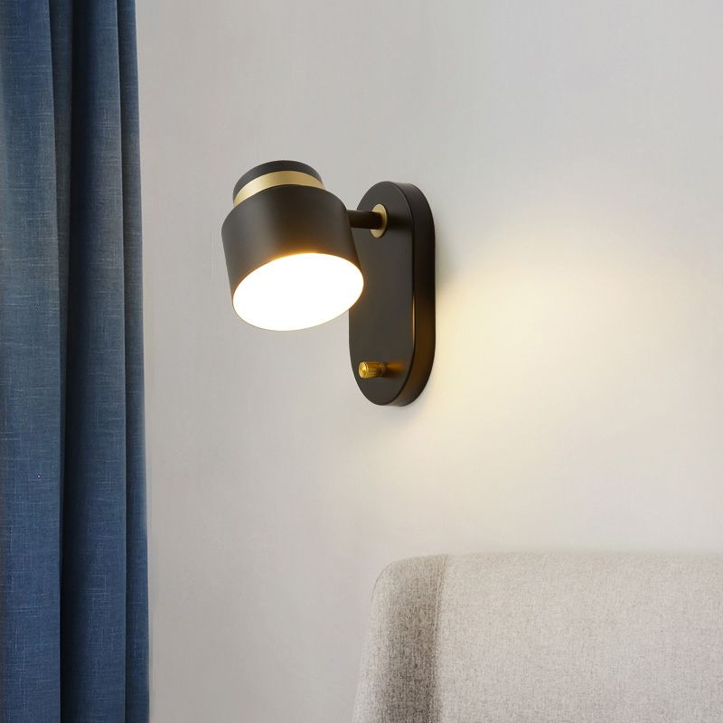 Metal Small Drum Wall Mount Lighting Modern 1 Head Black and Gold LED Rotatable Sconce Lamp